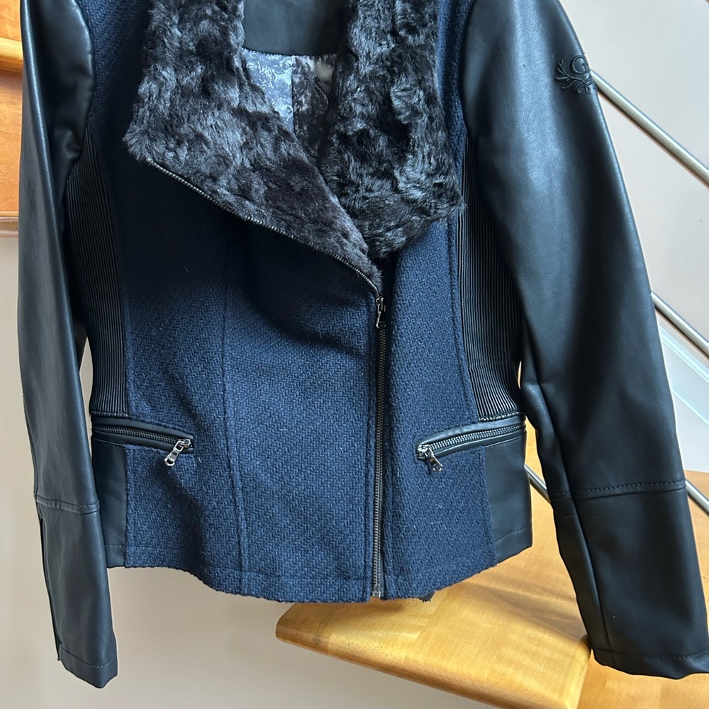 Guess Black Faux Leather with Navy fabric front Jacket with Faux Fur Collar
